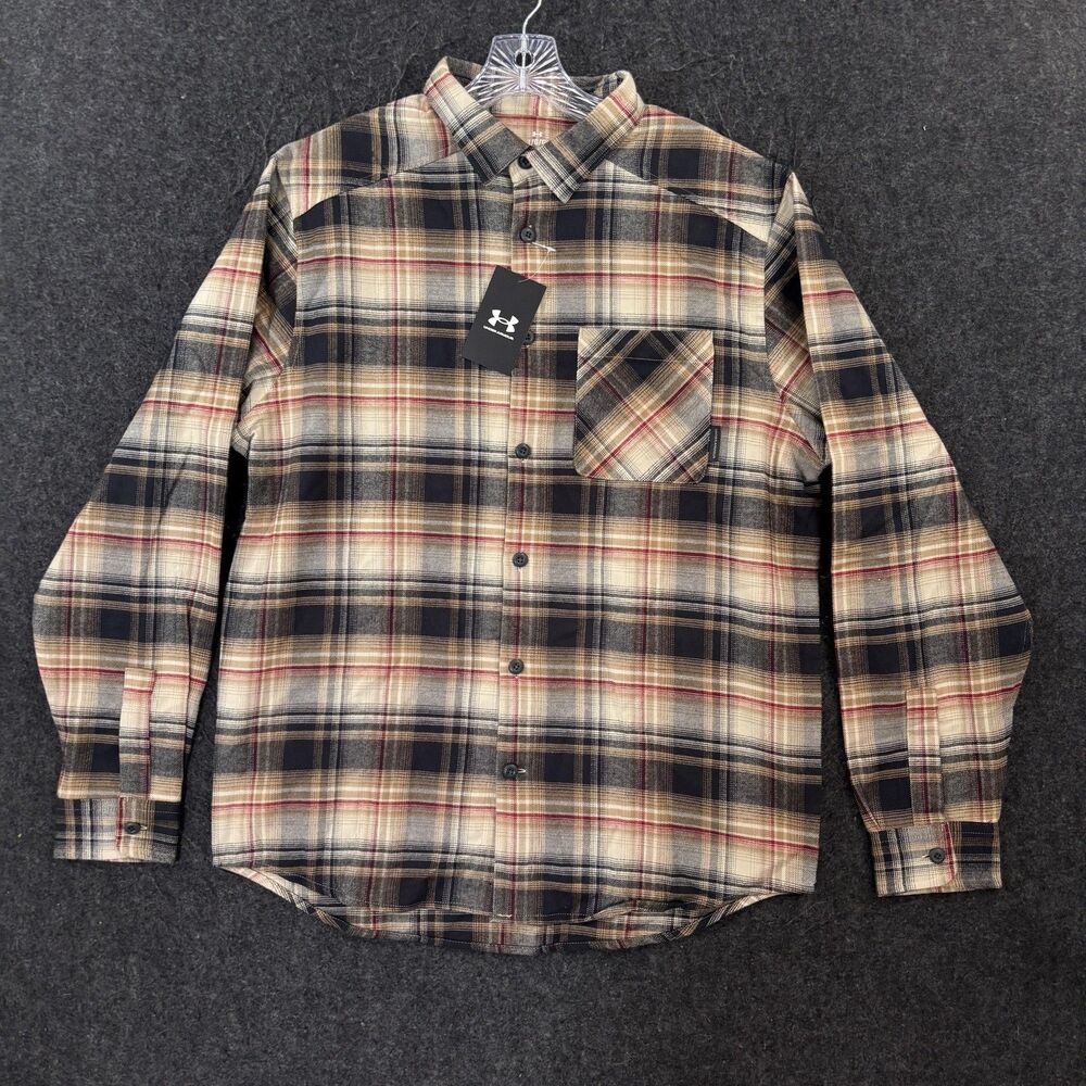 Under Armour Expanse Flannel Shirt Men's Large Gray Orange Plaid Cotton Pocket